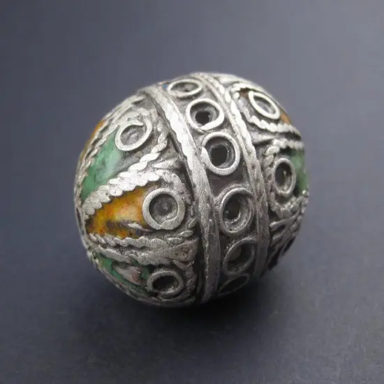 The Bead Chest Artisanal Enameled Round Silver Berber Bead 28mm Morocco African Oval White Metal Handmade {1}