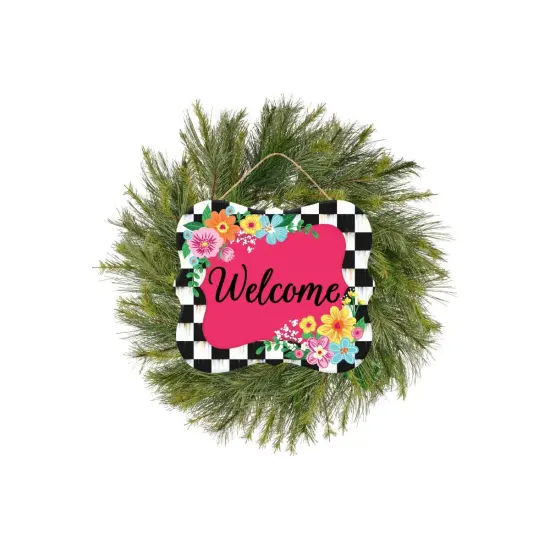 10" Scalloped Wooden Sign: Welcome Hot Pink Checker {2}