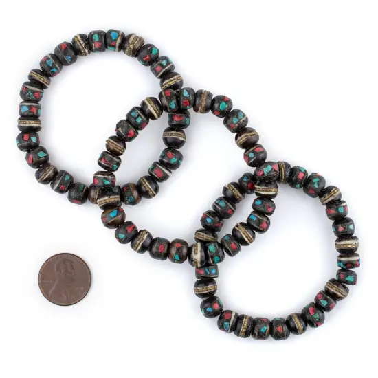 The Bead Chest Mala Stretch Bracelet, Black - Stackable Nepal Bone Inlaid with Turquoise & Coral Colors, 100% Authentic and Genuine {2}