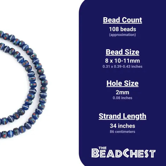 The Bead Chest Cobalt Blue InlaidBone Mala Beads 10mm Nepal Round Large Hole 34 Inch Strand {4}