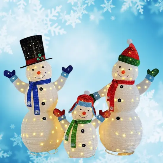 Cheerful White Plush Lantern Snowman Family Set for Holiday Decor 62" & 60" & 35"H {5}
