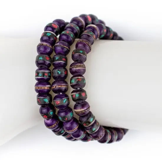 The Bead Chest Mala Stretch Bracelet, Purple - Stackable Nepal Bone Inlaid with Turquoise & Coral Colors, 100% Authentic and Genuine {4}