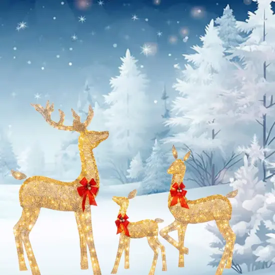 Oversized Twisted Rattan Deer Set in Champagne for Outdoor Christmas Decor 63" + 52" + 37" {4}