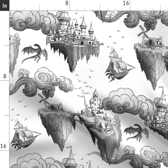 Various Fabrics by the Yard or Fat Quarter Toile Dragons Castle Island Fantasy Monochrome Illustration Black And White Custom Printed Fabric by Spoonflower {2}