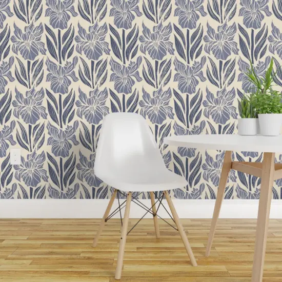 Peel & Stick Wallpaper 2FT Wide Block Print Floral Periwinkle Blue Irises Bohemian Farmhouse Flowers Cottagecore Custom Removable Wallpaper by Spoonflower {1}