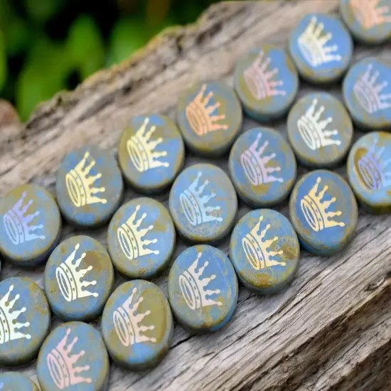 *8* 14mm Laser Etched Matte Blue Turquoise Picasso AB Crown Coin Beads {5}