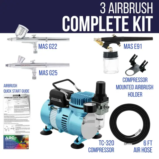 Cool Runner II Dual Fan Air Compressor Airbrushing System Kit with 3 Airbrush Sets 0.2, 0.3mm Gravity & 0.8mm Siphon Feed - Hose, Holder, How-To Guide {2}