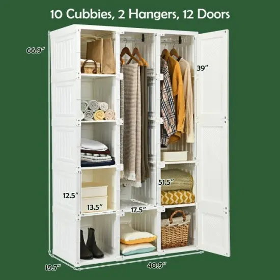 White ABS Foldable Armoire Wardrobe Closet with 2 Retractable Rods and 10 Cubes {5}