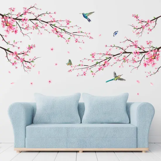Amimagen Pink Watercolor Cherry Blossom Wall Stickers - Tree Branch Flower Birds Wall Decals - Bedroom Living Room Sofa TV Background Home Wall Decor {5}