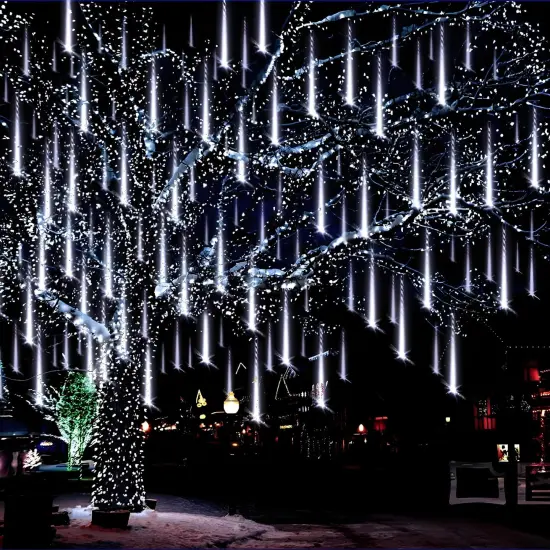 Aukora Rain Drop Lights, LED Meteor Shower Lights 11.8 inch 8 Tubes 192leds, Icicle Snow Falling Lights for Xmas Wedding Party Holiday Garden Tree Christmas Thanksgiving Decoration Outdoor (White) {1}