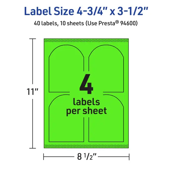 Avery Neon Green Paper Labels, 4.75" x 3.5" Arched {5}