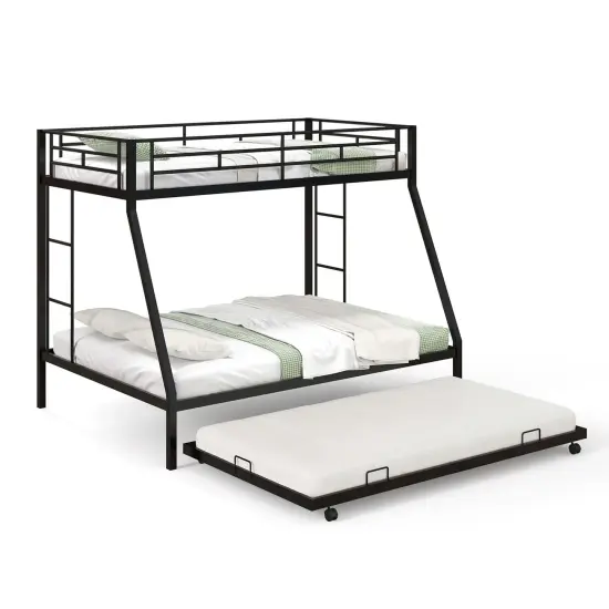 Costway Twin Over Full Metal Slats Bunk Bed Frame with Trundle, Guard Rail & Ladders White/Black {2}