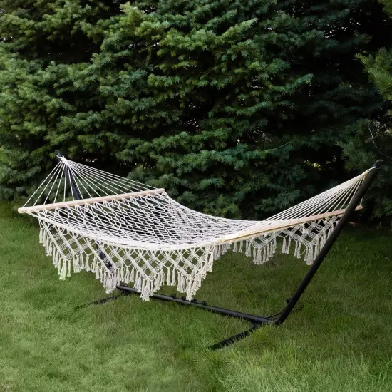 Northlight Lattice Macrame Rope Hammock with Wooden Bars - 74" x 59" - Cream White {3}