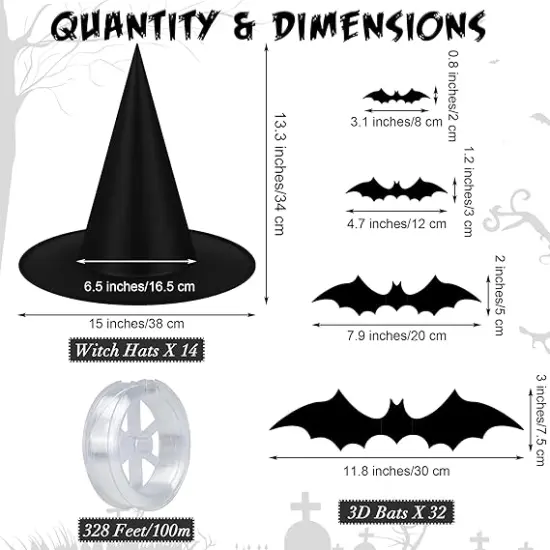 14 PCS Witch Hats with 32 3D Bat Stickers & 328 FT Hanging Rope &ndash; Halloween Decorations {2}
