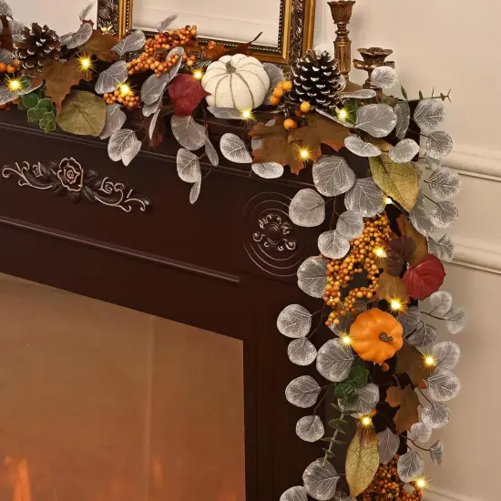 Fall Garland for Mantle, 6 Ft Fall Garland with Lights, Autumn Leaves Garland {1}