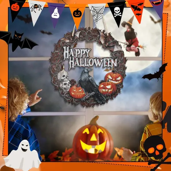 13 Inch Happy Halloween Sign Crow Pumpkin {3}