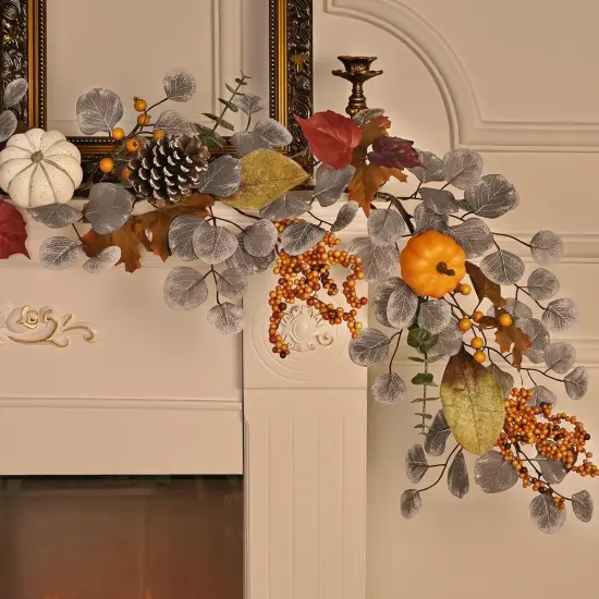 Fall Garland for Mantle, 6 Ft Fall Garland with Lights, Autumn Leaves Garland {5}