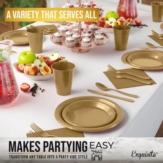 Exquisite 182 Pcs Plastic Plates for Party &ndash; Disposable Plates Set &ndash; 26 Each of 9" Dinner Plates, 7" Dessert Plates, Plastic Cups, Napkins & Plastic Cutlery &ndash; Plastic Dinnerware by Party Solids Gold {5}