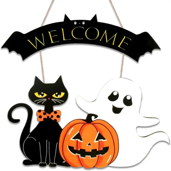 Halloween Decoration Wooden Ghost Door Wreath - Cat Pumpkin {1}