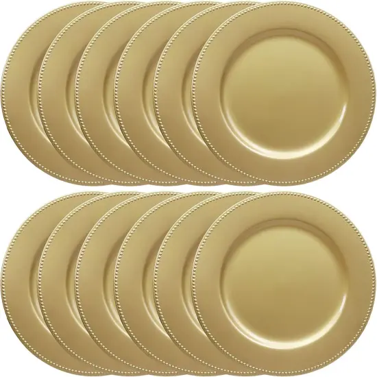 Set of 12 Gold Charger Plates with Beaded. 13" Reusable Plastic Table Chargers for Dinner Plates {5}