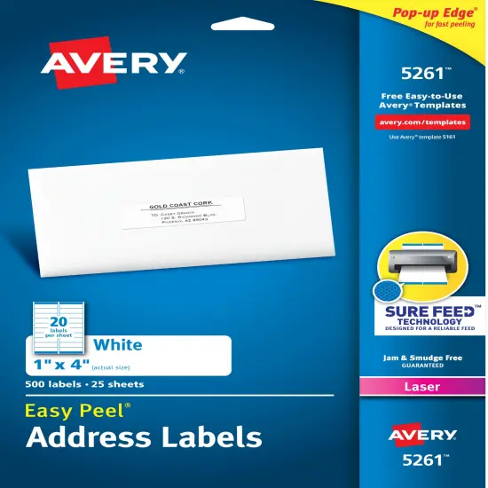 Avery Easy Peel Address Labels, Sure Feed Technology, Permanent Adhesive, 1" x 4", 500 Labels (5261) {1}