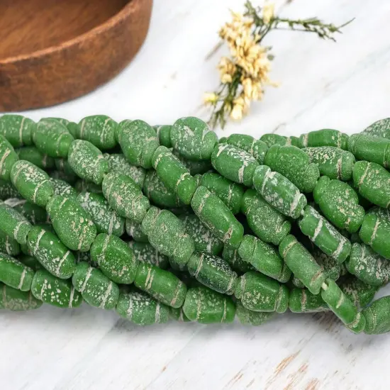 14x8mm Rustic Aged Opaque Green Indonesian Java Glass "Bottle" Beads (18" Strand) {4}