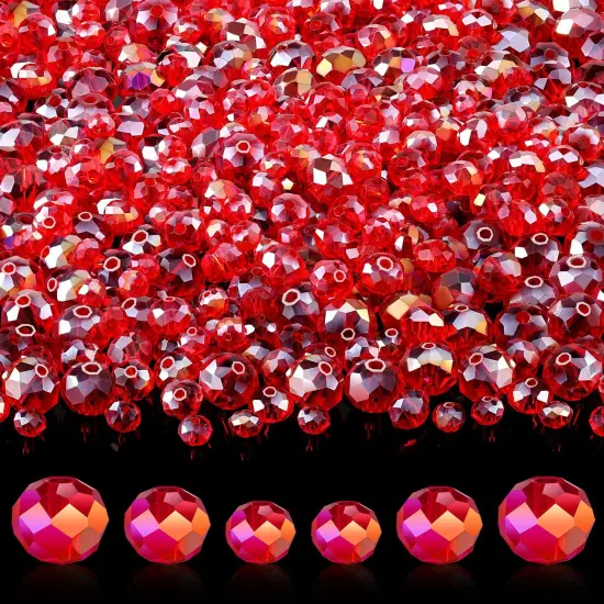 600 Pcs Crystal Glass Beads for Jewelry Making Bulk Faceted Gemstone Rondelle Loose Beads for Bracelet DIY Crafts 8 mm, 6 mm, 4 mm(Red AB Color) {1}