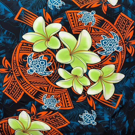 1 Yard Plumeria Turtles Tribal Peachskin Polyester Fabric with Hawaiian Floral Print 44/45 Inch Width Teal {2}