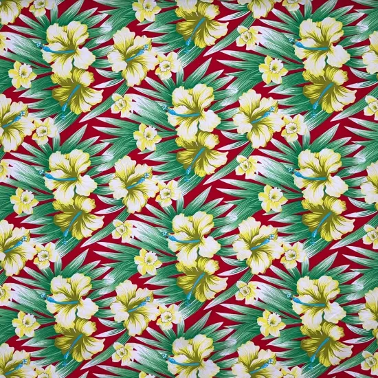 1 Yard Multicolor Hibiscus Flowers Polyester Fabric with Tropical Palm Design 60 Inch Width Red & Green {1}