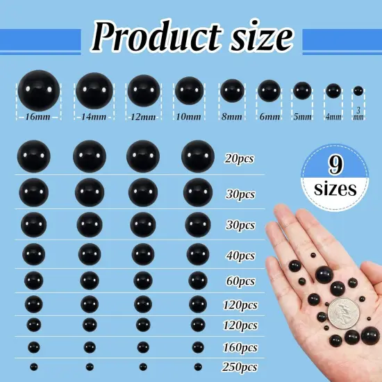 830pcs Round Black Plastic Doll Eyes 3mm to 16mm {2}