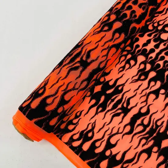1 Yard Power Mesh Fabric with Black Flocked Flame and Red Glitter Design 60 Inch Width {6}