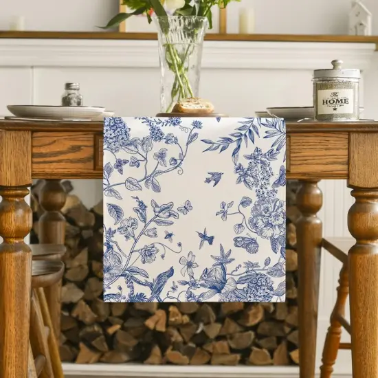 Monochrome Sketch Birds and Flowers Spring Table Runner,13x108 Inch {2}
