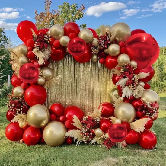 Red and Gold Balloon Garland Double Stuffed Ruby Red Gold Balloons Arch Kit With Mylar Balloon {1}