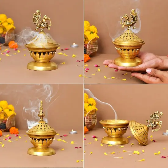 Brass Incense Dhoop Burner Aroma for Prayer Puja Meditation Spiritual Events Dhoopam for Havan Rituals Dhooni - Diwali Decoration Loban Dhoop Dani for Temple Home Prayer Room (6.2x3 Inches) {6}