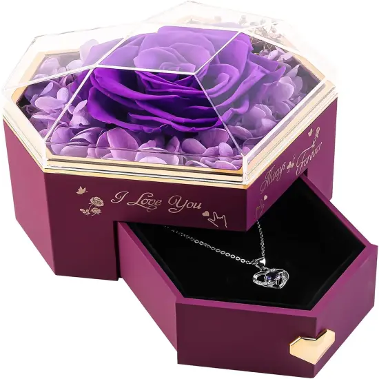 Heart Shape Preserved Real Rose Box with Necklace {1}
