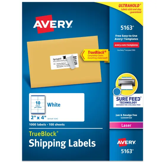 Avery Printable Shipping Labels with Sure Feed, 2" x 4" Customizable Stickers, White, 1,000 Blank Mailing Labels, Great for Mailing, Shipping, and More (5163) {1}