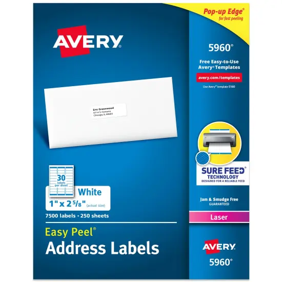 Avery Easy Peel Printable Address Labels with Sure Feed, 1" x 2-5/8" Customizable Stickers, White, 7,500 Blank Mailing Labels, Great for Mailing, Shipping, and More (5960) {1}