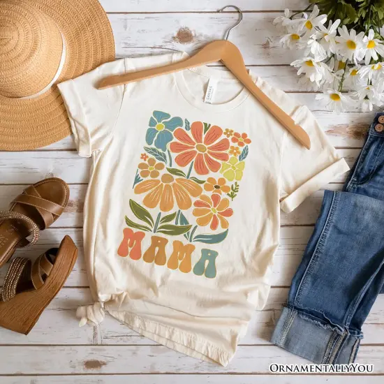Boho Floral Mama T-Shirt, Natural and White Tee Large Flowers for Modern Moms {6}