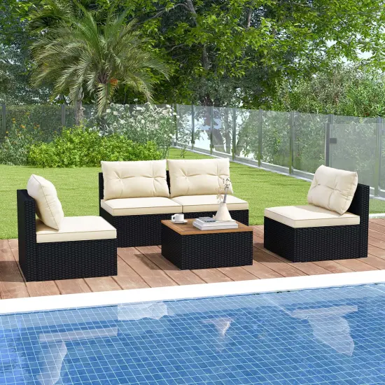 Costway 5 Piece Outdoor Furniture Set with Seat & Back Cushions Acacia Wood Tabletop {2}