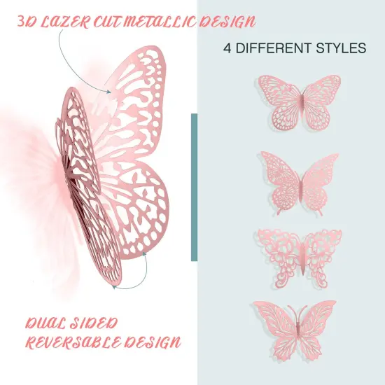 3D Gold Butterfly Wall Decor 3 Sizes 4 Styles Butterfly Party Decorations Cake Decorations Removable Stickers Wall Decor Room Mural Metallic Kids (Pink, 48Pcs) {6}