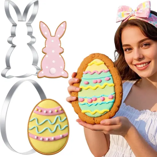 2 Pcs Large Easter Cookie Cutters 8" Extra Large Bunny and Egg Stainless Steel Giant Cookie Cutter for Easter Holiday Baking {1}