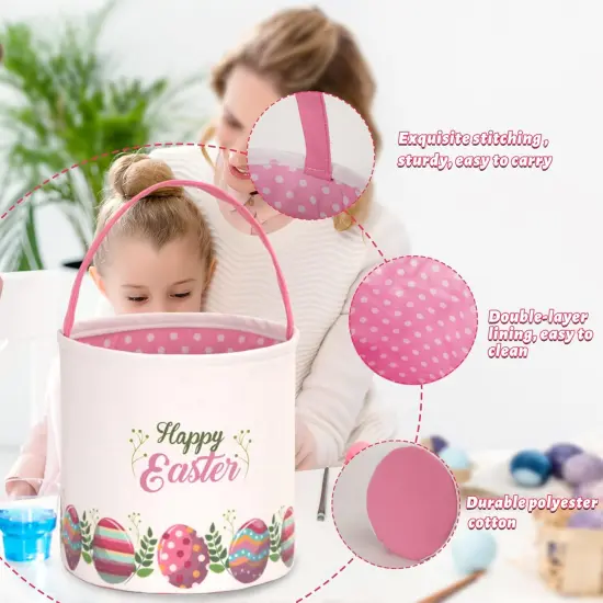 Easter Bunny Basket Egg Buckets Gifts Tote Bags, Canvas Cotton Pink Cute Personalized Egg Hunt Basket Stuffers for Easter Party {5}