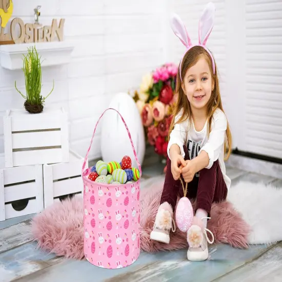 Easter Eggs Storage Basket Gift Buuny Basket Collapsible Storage Bins with Handles Nursery Basket for Home and Office Decoration (Pink Rabbit) {2}