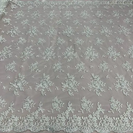 1 Yard Luxurious Beaded and Corded Bridal Lace Fabric Embroidered on 100% Polyester Net Mesh 52 inch Width Ivory/Silver {1}