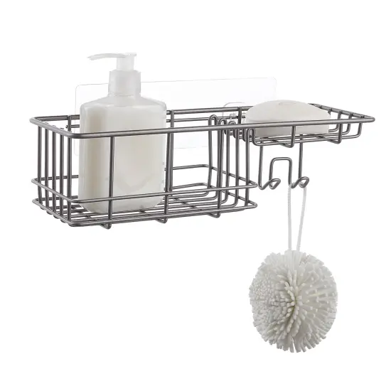 Wall Mounted Shower Caddy Organizer Basket Shelf With Removable Adhesive Hook Gunmetal {2}
