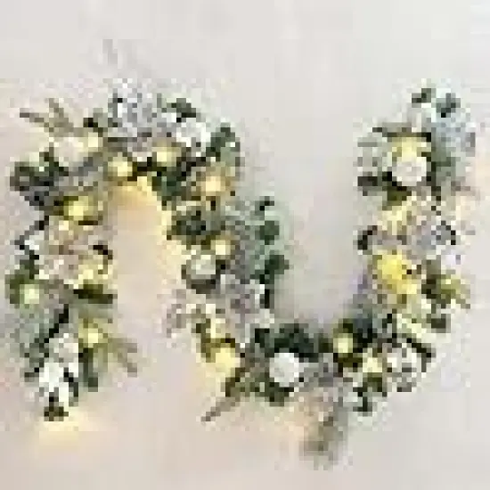 Silver White Christmas Ball Ornaments and Poinsettia FlowersDecorated Garland {1}