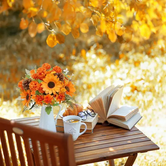 Artificial Mum Bush Sunflowers Faux Fall Chrysanthemums Flower - Orange {6}