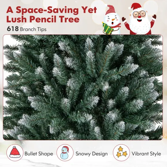 Costway 6FT/9FT Pre-Lit Christmas Tree Hinged Slim Pencil Xmas with 250/500 LED Lights {6}