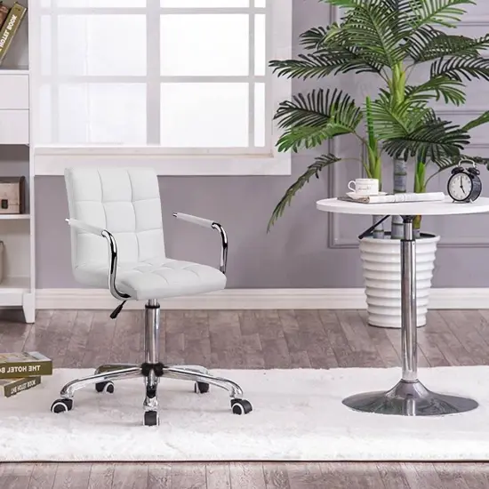 Faux Leather Adjustable Swivel Mid-Back Swivel Office Chair with Rolling Wheels White {3}