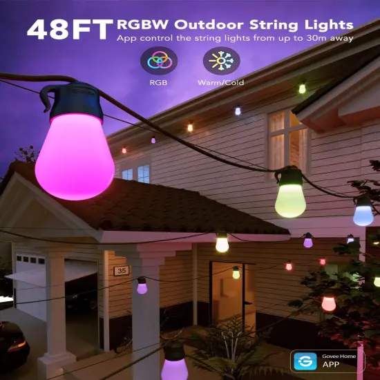 Smart Outdoor String Lights - 48FT with 15 Dimmable LED Bulbs {2}